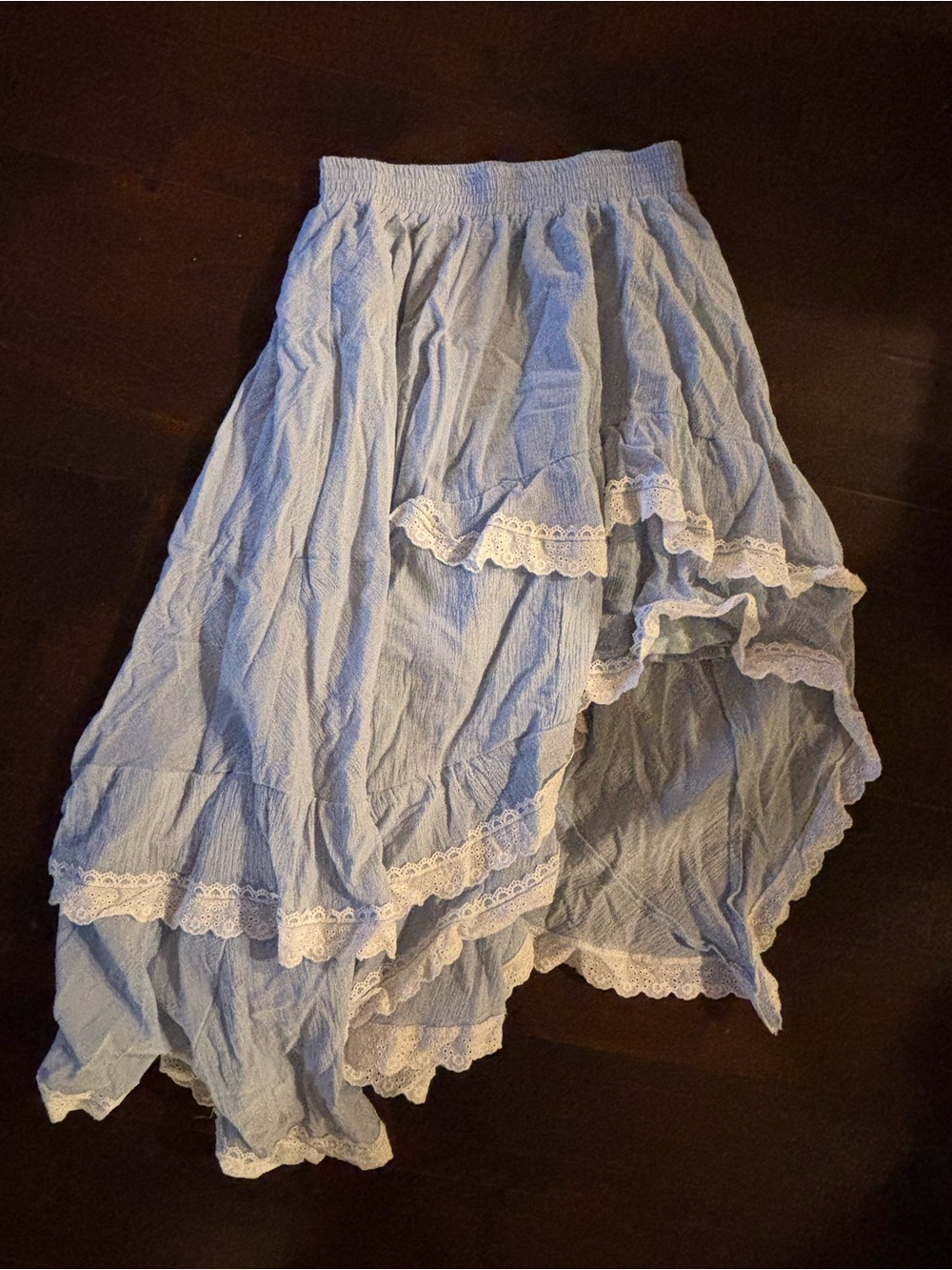 NWT 100% COTTON sky blue lace trim asymmetrical midi skirt